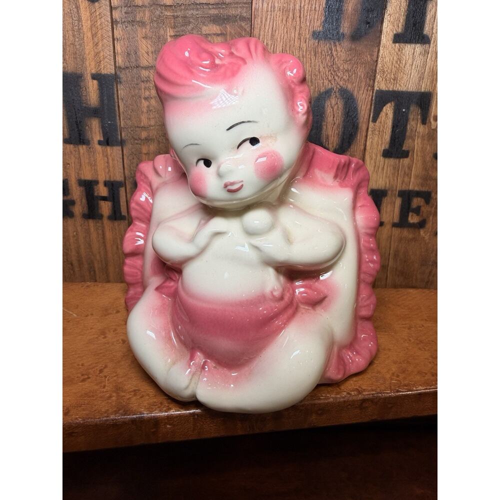 Vintage Hull Pottery Pink Baby Girl On Pillow Model #92 Ceramic Planter